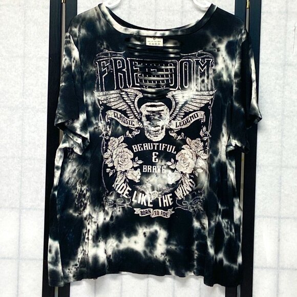 Dirtee Laundry Short Sleeve Tie Dyed Born to Ride Moto Slit Top Biker Tee Shirt - Picture 1 of 13